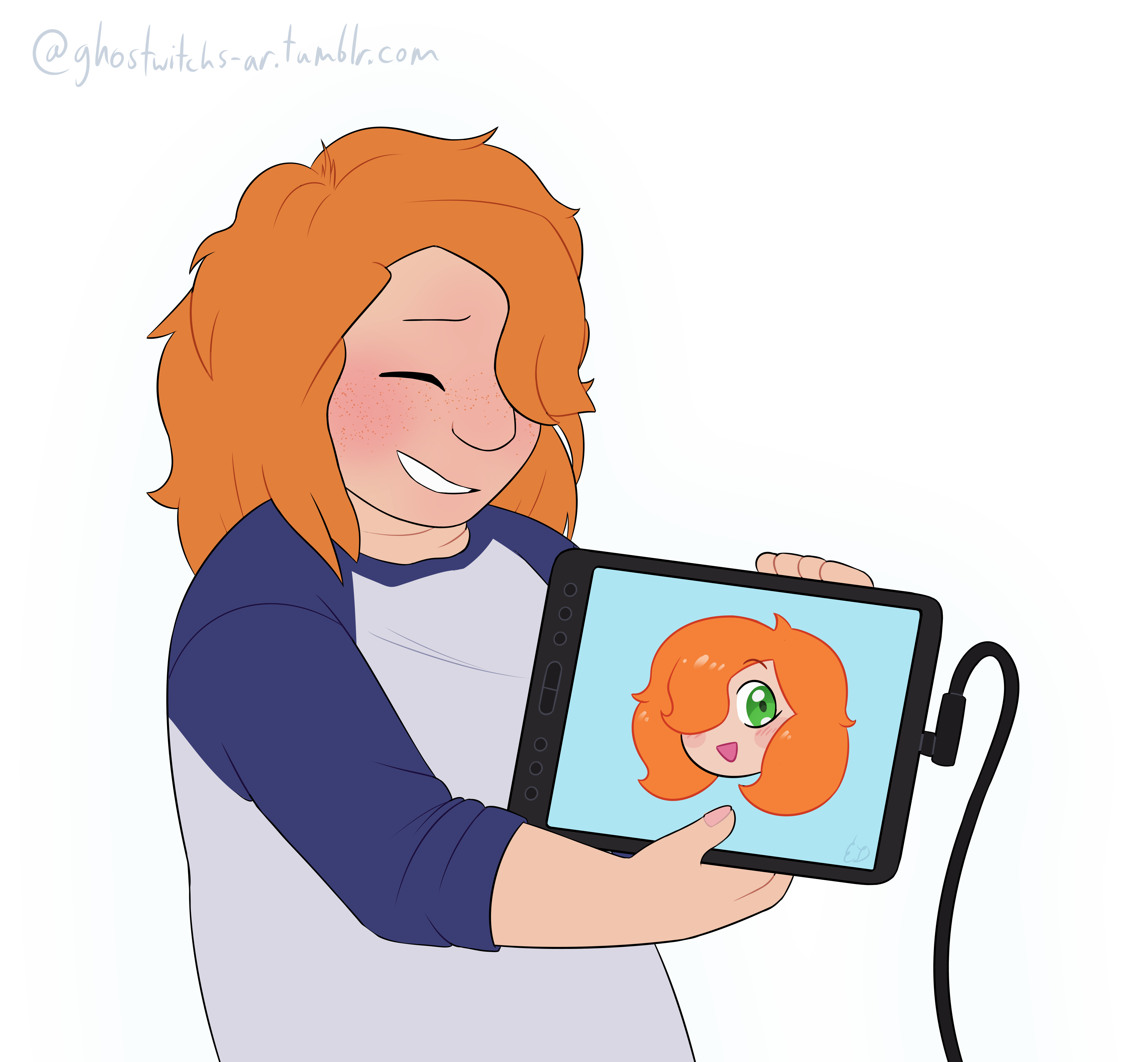 A flat painting of Carmen. She is holding a digital drawing tablet and appears bashful. On the tablet is a drawing of herself in a cartoonish and chibi-like art style.